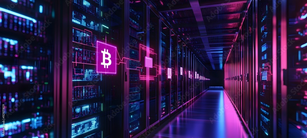 43. A high-tech server room with Bitcoin data being processed and visualized 43. A high-tech server room with Bitcoin data being processed and visualized
