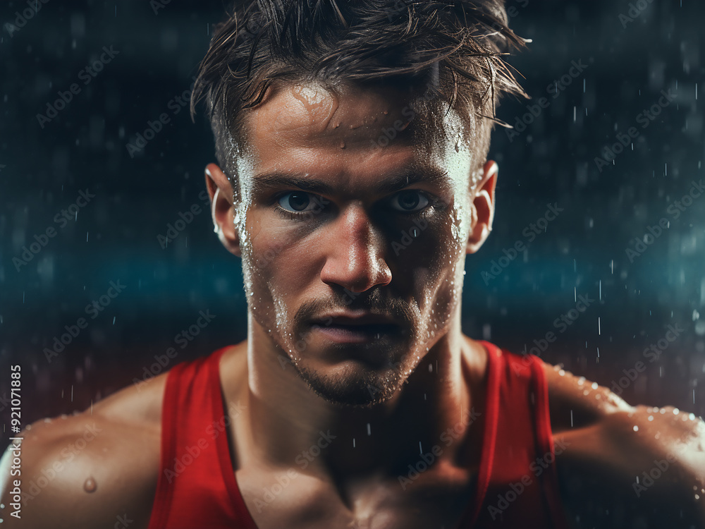 Athlete positioned at the start with a sports background Athlete positioned at the start with a sports background