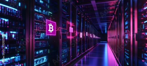 43. A high-tech server room with Bitcoin data being processed and visualized