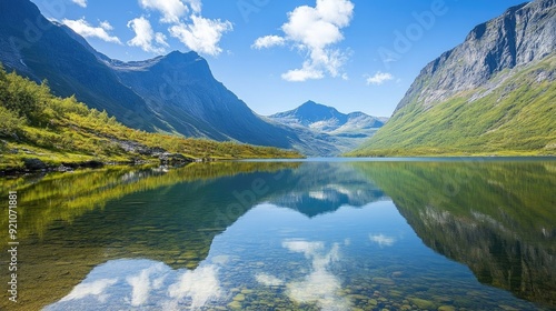 Tranquil lake reflecting towering mountains