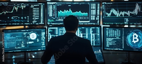 45. A person interacting with a sophisticated Bitcoin trading platform on multiple large screens