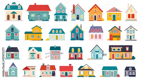 Abstract house big set. Flat colored city buildings, house exterior neighborhood icons. Vector isolated illustration