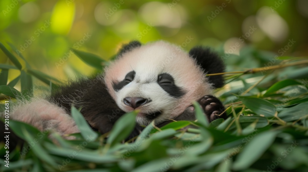 Obraz premium A cute baby panda peacefully sleeping on a bed of bamboo leaves