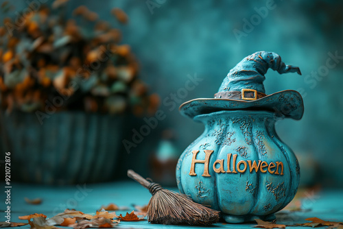 The word Halloween with letters that look like theyre carved from wood, with a witchs broom leaning against the L, isolated on a pastel blue background, photo