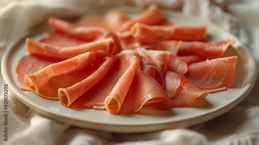 Elegant Sliced Prosciutto on White Plate Elegant Sliced Prosciutto on White Plate