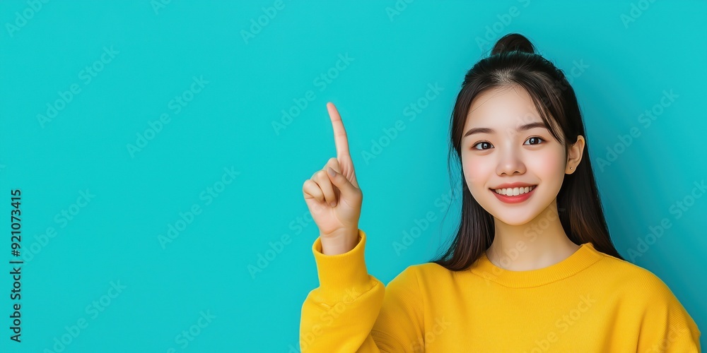 Une jeune femme asiatique aux cheveux longs, souriante et pointant son doigt sur un fond isolé vert, image avec espace pour texte. Une jeune femme asiatique aux cheveux longs, souriante et pointant son doigt sur un fond isolé vert, image avec espace pour texte.