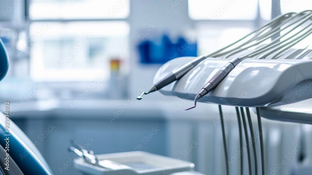 Modern dental office with dental tools in focus. Bright, clean, and professional atmosphere. Blue toned medical setting. Ideal for dental healthcare themes and medical promotions. AI Modern dental office with dental tools in focus. Bright, clean, and professional atmosphere. Blue toned medical setting. Ideal for dental healthcare themes and medical promotions. AI