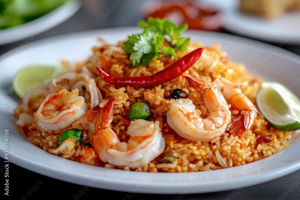Seafood Tom Yum Fried Rice,Stir fried rice with shrimp and squid with chilli sauce on white plate - generative ai Seafood Tom Yum Fried Rice,Stir fried rice with shrimp and squid with chilli sauce on white plate - generative ai