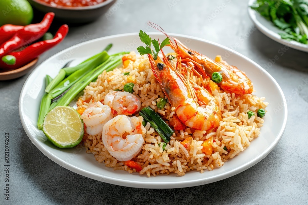 Seafood Tom Yum Fried Rice,Stir fried rice with shrimp and squid with chilli sauce on white plate - generative ai Seafood Tom Yum Fried Rice,Stir fried rice with shrimp and squid with chilli sauce on white plate - generative ai