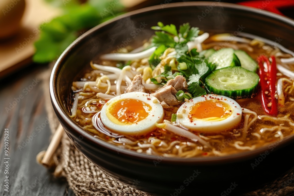 Soup with noodles, egg, cucumber and meat. Lunch. Chinese food - generative ai Soup with noodles, egg, cucumber and meat. Lunch. Chinese food - generative ai