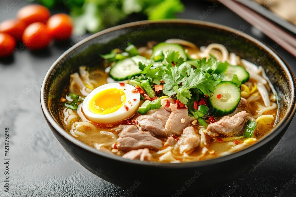 Soup with noodles, egg, cucumber and meat. Lunch. Chinese food - generative ai Soup with noodles, egg, cucumber and meat. Lunch. Chinese food - generative ai