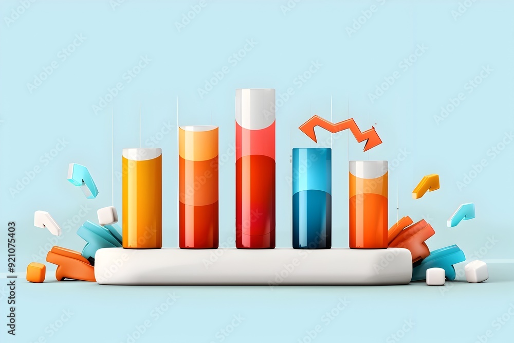 Colorful Bar Chart with Falling Arrows. Colorful Bar Chart with Falling Arrows.