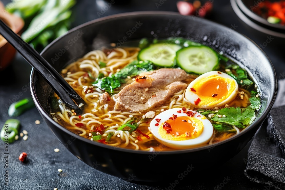 Soup with noodles, egg, cucumber and meat. Lunch. Chinese food - generative ai Soup with noodles, egg, cucumber and meat. Lunch. Chinese food - generative ai