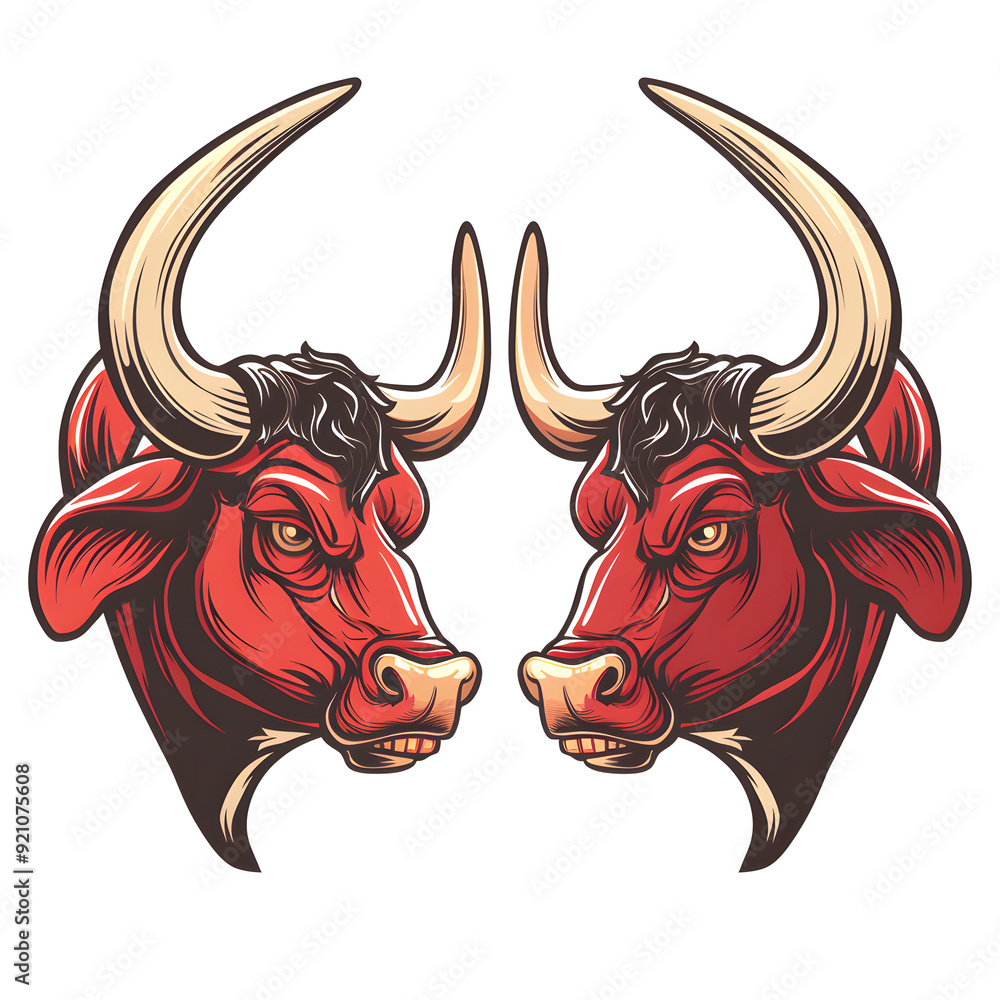 Two bull heads are depicted facing each other, showcasing intricate details and fierce expressions with bold horns. Two bull heads are depicted facing each other, showcasing intricate details and fierce expressions with bold horns.