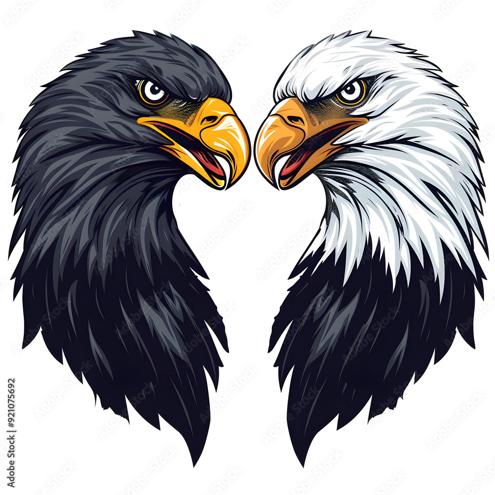 Fototapeta premium Two eagles with distinct plumage face one another, showcasing their fierce expressions and vibrant colors.