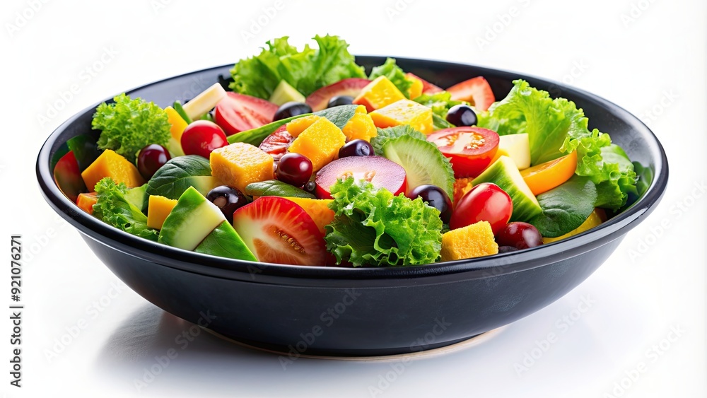 Fresh vegetable fruit salad in black plastic bowl on white background , Salad, healthy, colorful, meal, refreshment, vegetarian Fresh vegetable fruit salad in black plastic bowl on white background , Salad, healthy, colorful, meal, refreshment, vegetarian