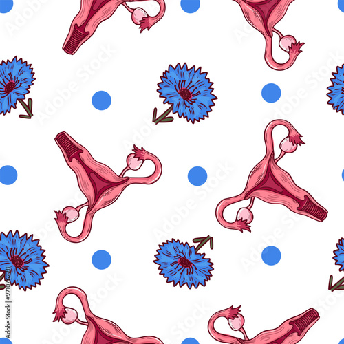 Handmade uterus pattern with cornflowers, seamless pattern for fabric, textile, wrapping paper, cover, banner, interior decor. Vector