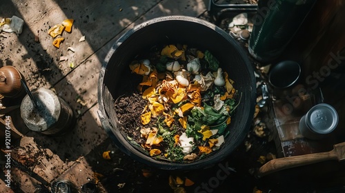 A compost bin filled with fresh organic waste, showcasing the process of eco-friendly recycling and sustainable living. photo