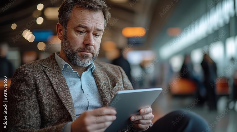 A focused man uses a tablet in an airport lounge, capturing moments of modern travel and technology. A focused man uses a tablet in an airport lounge, capturing moments of modern travel and technology.