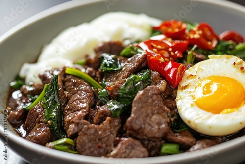 Stir Fried Beef with holy basil and eggs - generative ai