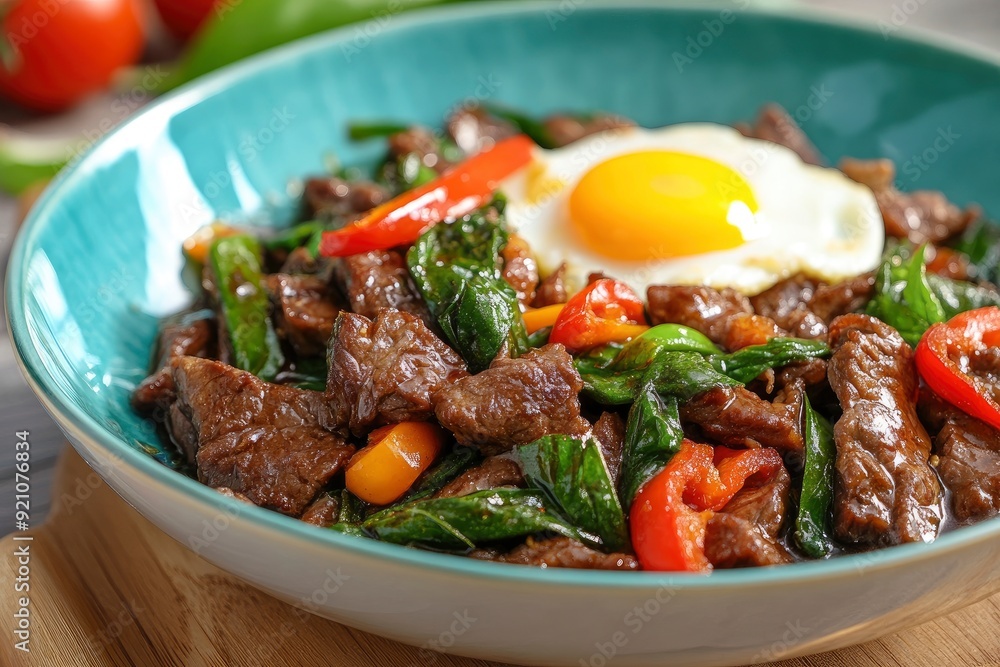 Stir Fried Beef with holy basil and eggs - generative ai Stir Fried Beef with holy basil and eggs - generative ai