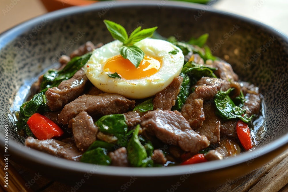 Stir Fried Beef with holy basil and eggs - generative ai Stir Fried Beef with holy basil and eggs - generative ai