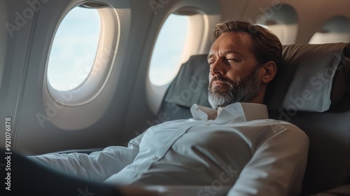 A relaxed man enjoying a peaceful flight, resting comfortably by the window in an airplane, experiencing tranquil travel moments.