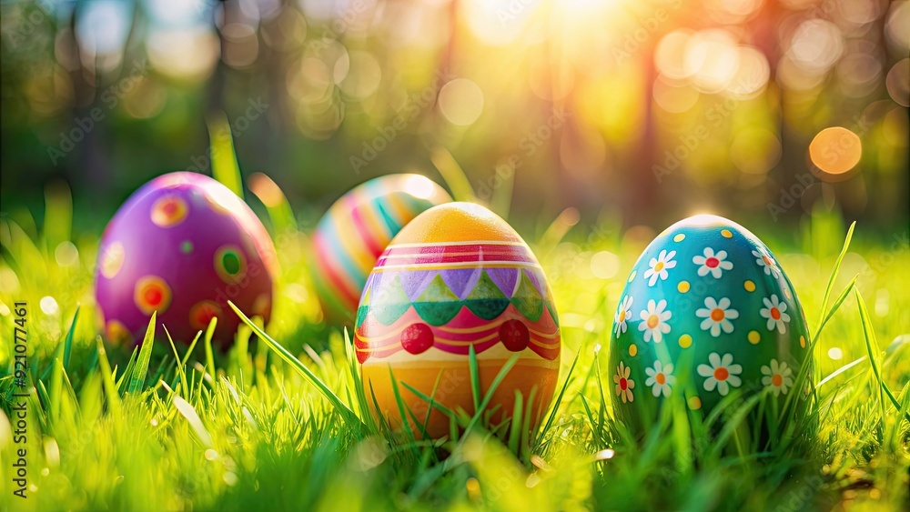 Vibrant Easter egg decorations on grassy lawn , Easter, holiday, spring, celebration, colorful, eggs, decorations, grass Vibrant Easter egg decorations on grassy lawn , Easter, holiday, spring, celebration, colorful, eggs, decorations, grass