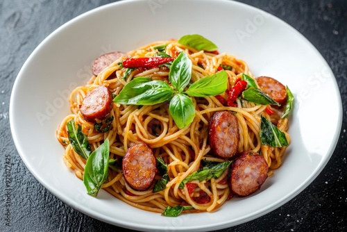 Stir fried Spaghetti with Northern Thai spicy sausage.pasta with chilli garlic and basil leaves in white plate.Thai fusion food.Top view - generative ai