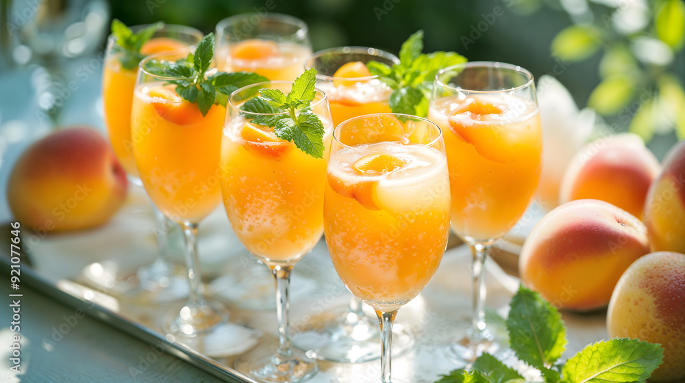 A tray of Peach Bellinis served at a summer brunch with glasses filled with peachy cocktail garnished with mint leaves, bright daylight, festive and refreshing mood A tray of Peach Bellinis served at a summer brunch with glasses filled with peachy cocktail garnished with mint leaves, bright daylight, festive and refreshing mood