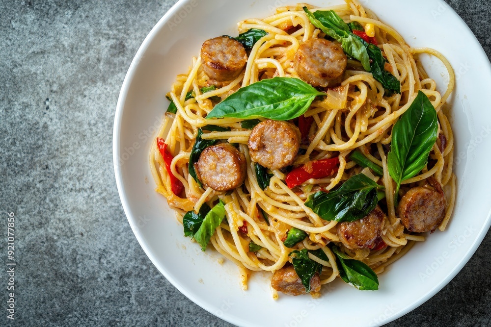 Stir fried Spaghetti with Northern Thai spicy sausage.pasta with chilli garlic and basil leaves in white plate.Thai fusion food.Top view - generative ai Stir fried Spaghetti with Northern Thai spicy sausage.pasta with chilli garlic and basil leaves in white plate.Thai fusion food.Top view - generative ai