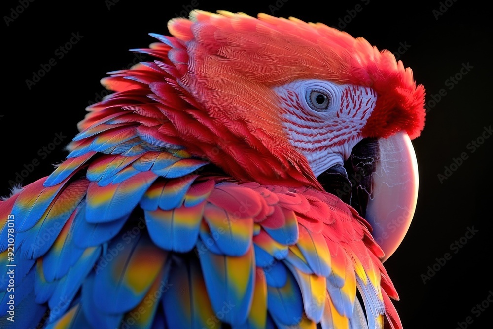 Obraz premium Close-up portrait of a scarlet macaw with bright red, blue, and yellow feathers