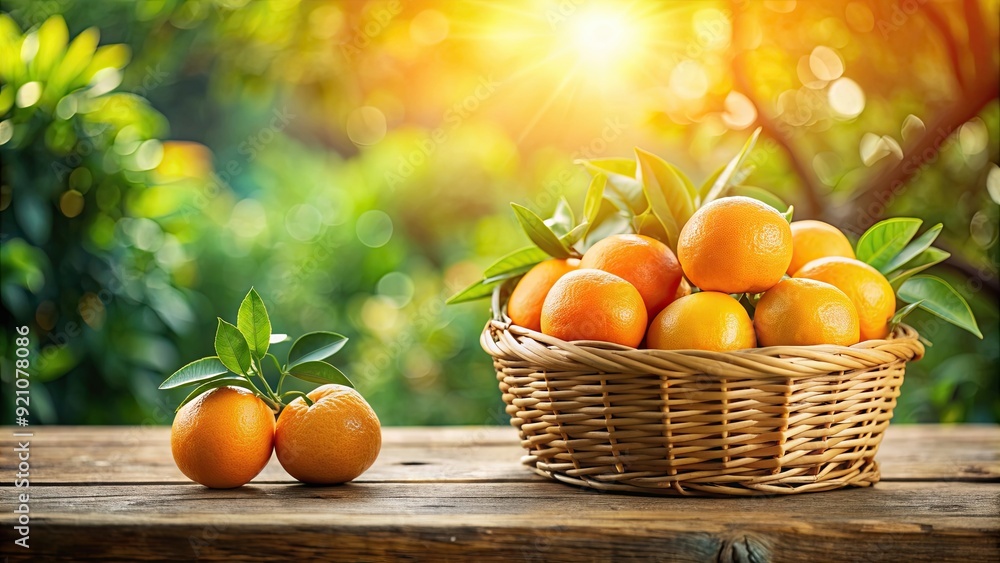 Basket of fresh oranges on wooden table with blurred greenery in sunlight , fresh, oranges, basket, wooden table, sunlit Basket of fresh oranges on wooden table with blurred greenery in sunlight , fresh, oranges, basket, wooden table, sunlit