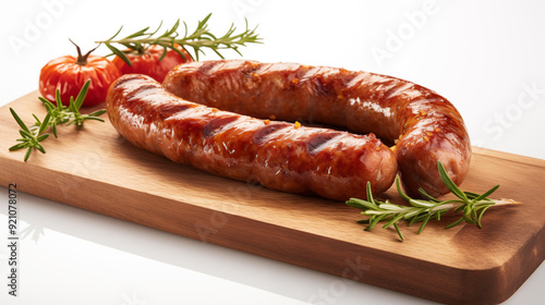 Grilled Sausages with Herbs on Wooden Board