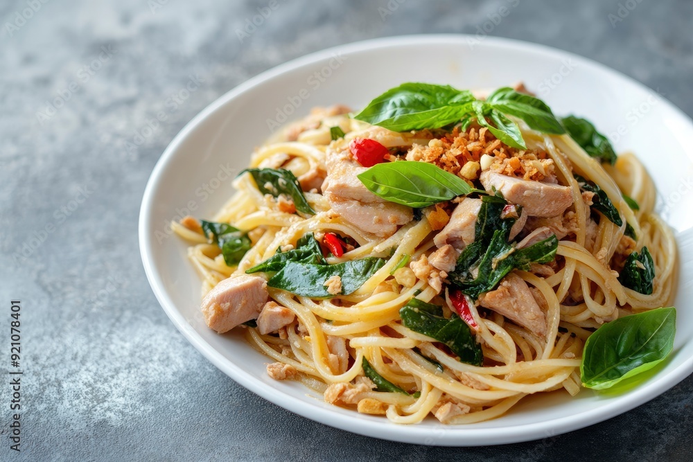 Stir fried trivelle pasta with Canned tuna fish and crispy basil leaves in white plate,Spicy pasta Pad Kra Pao.Thai fusion food - generative ai Stir fried trivelle pasta with Canned tuna fish and crispy basil leaves in white plate,Spicy pasta Pad Kra Pao.Thai fusion food - generative ai