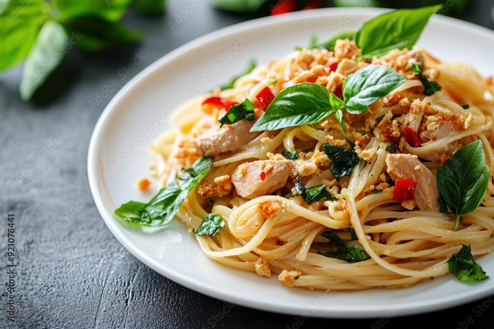 Stir fried trivelle pasta with Canned tuna fish and crispy basil leaves in white plate,Spicy pasta Pad Kra Pao.Thai fusion food - generative ai Stir fried trivelle pasta with Canned tuna fish and crispy basil leaves in white plate,Spicy pasta Pad Kra Pao.Thai fusion food - generative ai