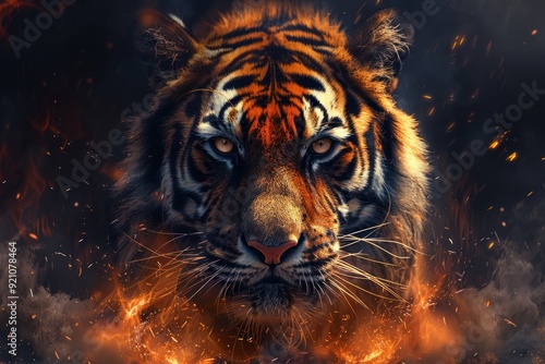 A close-up portrait of a tiger with intense eyes, framed by blazing flames