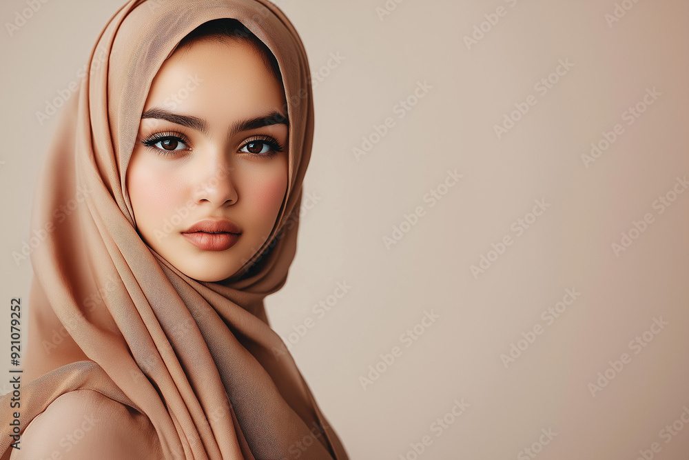 Portrait of a young woman wearing a light brown hijab, showcasing her delicate features and confident gaze against a neutral background. Portrait of a young woman wearing a light brown hijab, showcasing her delicate features and confident gaze against a neutral background.