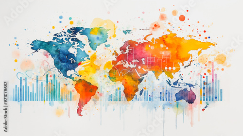 watercolor of Abstract with pastel colorful charts and graphs with statistics to analyze business potential and forecast future development of companies growth. with word map.