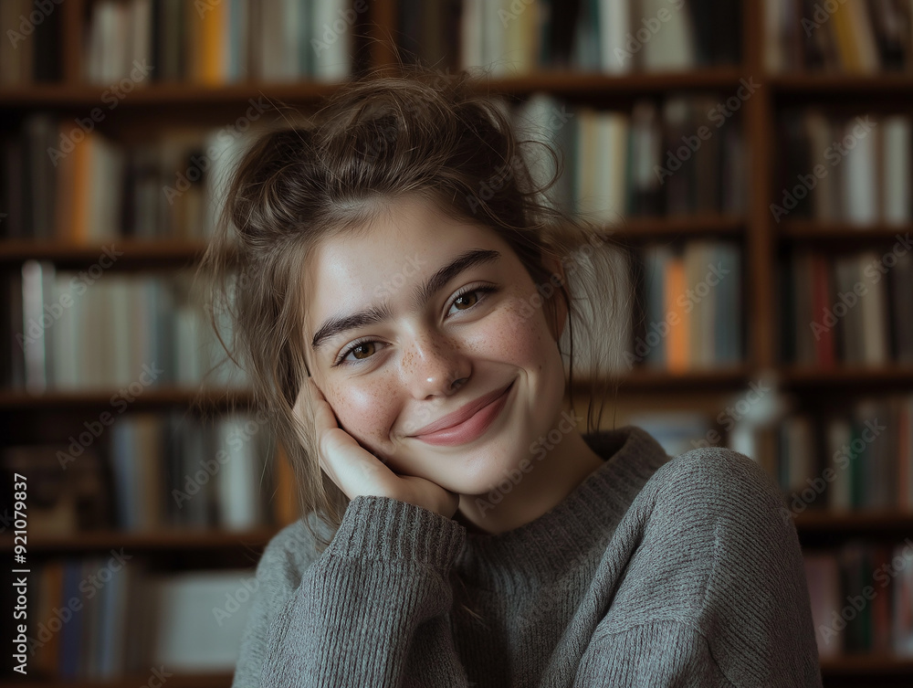 A smiling young woman with freckles sitting in front of a bookshelf, radiating warmth and comfort in a cozy, academic setting. A smiling young woman with freckles sitting in front of a bookshelf, radiating warmth and comfort in a cozy, academic setting.