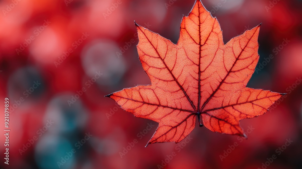 Vivid Red Maple Leaf Isolated on a Blurred Autumn Background. Vivid Red Maple Leaf Isolated on a Blurred Autumn Background.