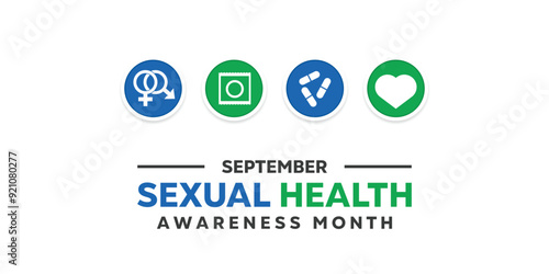 September is Sexual Health Awareness month. Gender, condom, medication and heart. Great for cards, banners, posters, social media and more. White background.