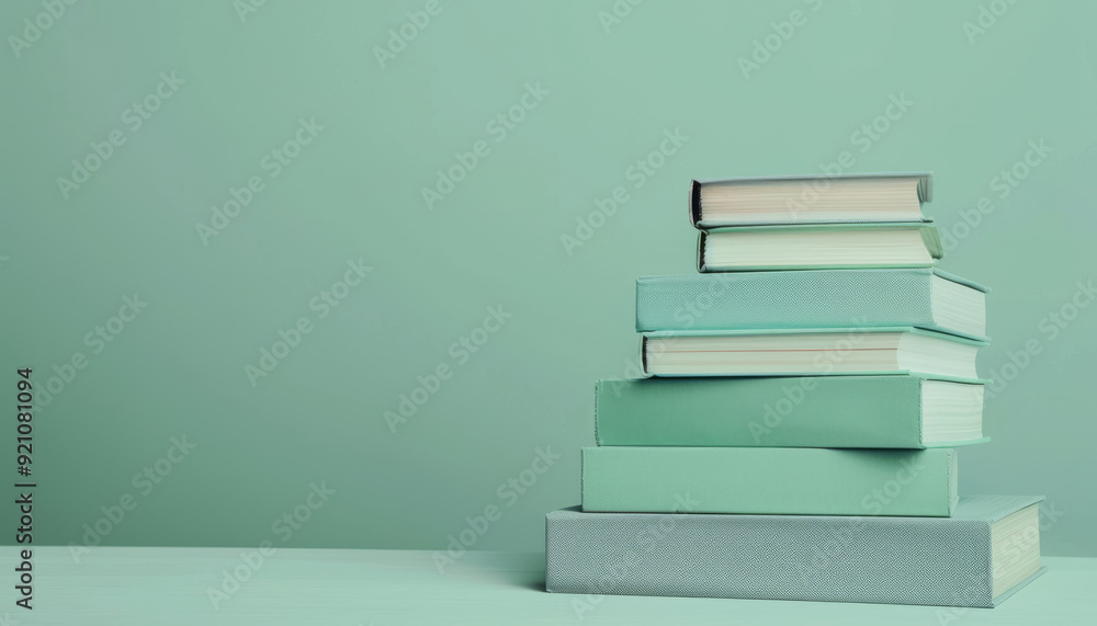 Fototapeta premium Book stack for copy space text. Pile of closed books on light green background, back to school concept