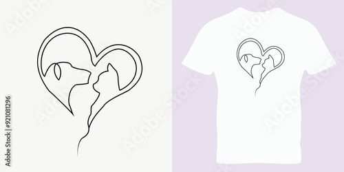 Cute Cat and dog single line art vector illustration. cat and dog love time t-shirt. cute cat art line t-shirt. dog art line. nice Cartoon.
 nice vector t-shirt. dog t-shirt. Cat icon in one line.
