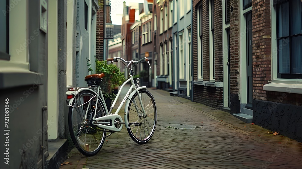 Quiet Brick Lined Street with Solitary Bicycle in Vintage Urban Scene Quiet Brick Lined Street with Solitary Bicycle in Vintage Urban Scene
