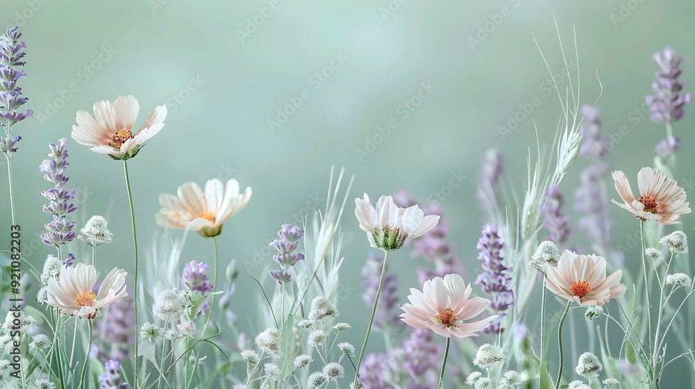 Serene Seafoam and Lavender Meadow with Blooming Flowers and Soft Grasses Serene Seafoam and Lavender Meadow with Blooming Flowers and Soft Grasses