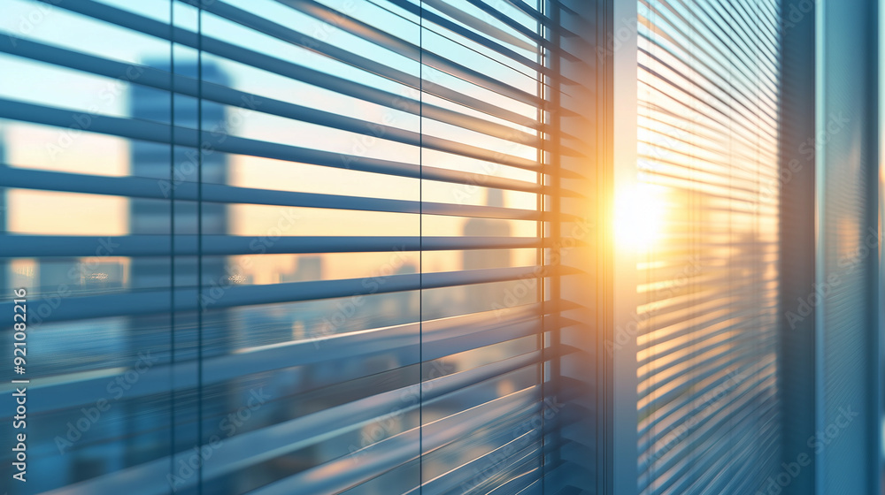企業のオフィスのブラインドから見える太陽 企業のオフィスのブラインドから見える太陽