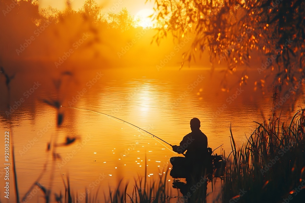 Man fishing at a lake during the golden hour Man fishing at a lake during the golden hour