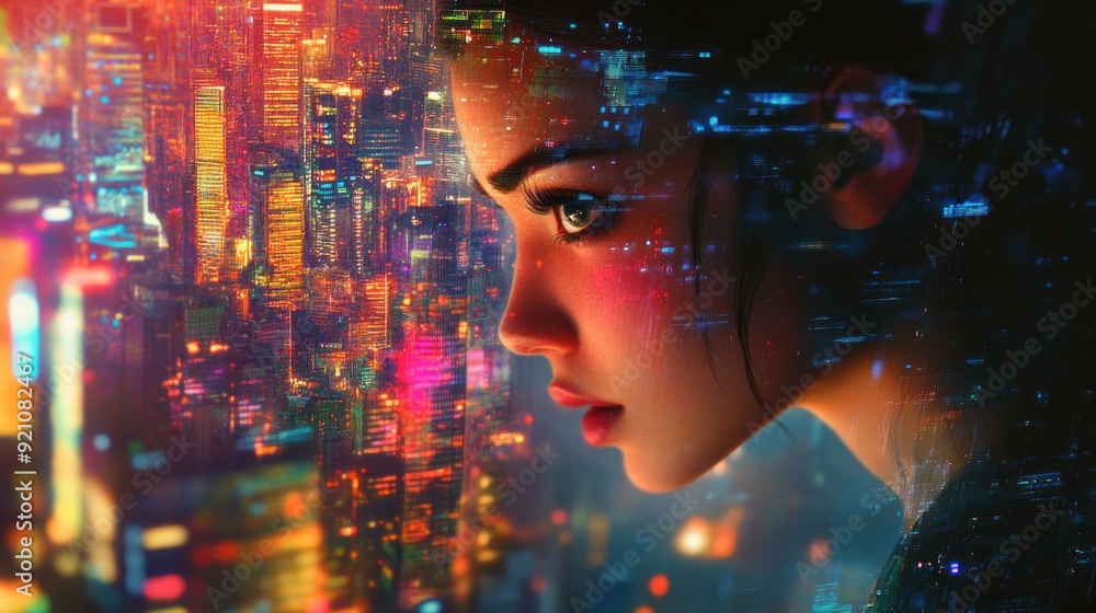 custom made wallpaper toronto digitalA Woman's Profile with a Cityscape Reflected in Her Face