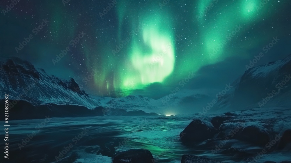 Naklejka premium Aurora Borealis Display Over Snowy Mountains and a River